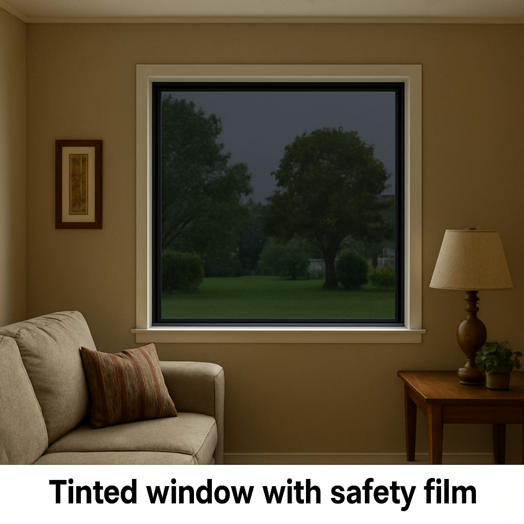 Tinted window with safety film in a living room setting