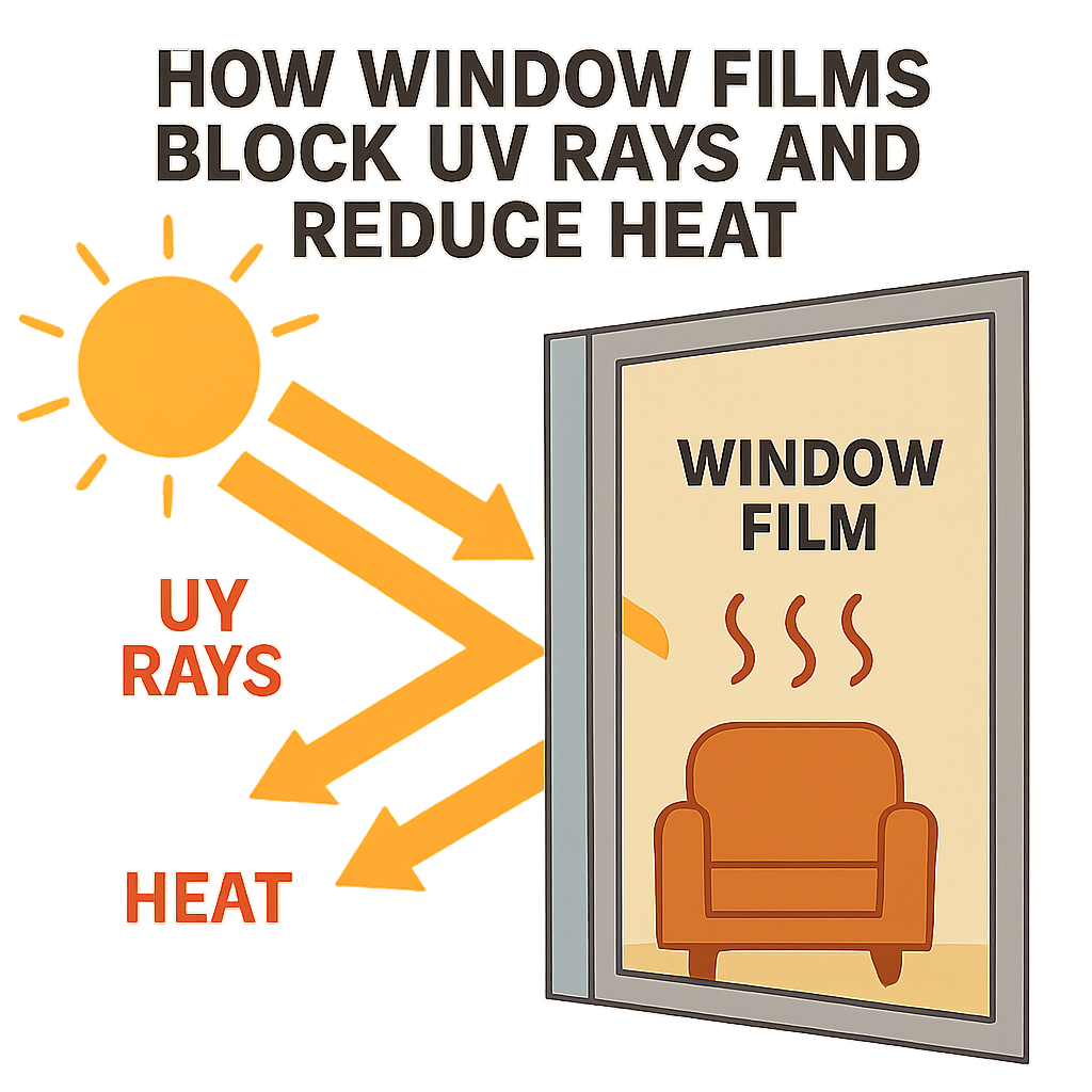Diagram illustrating how window films block UV rays and reduce heat