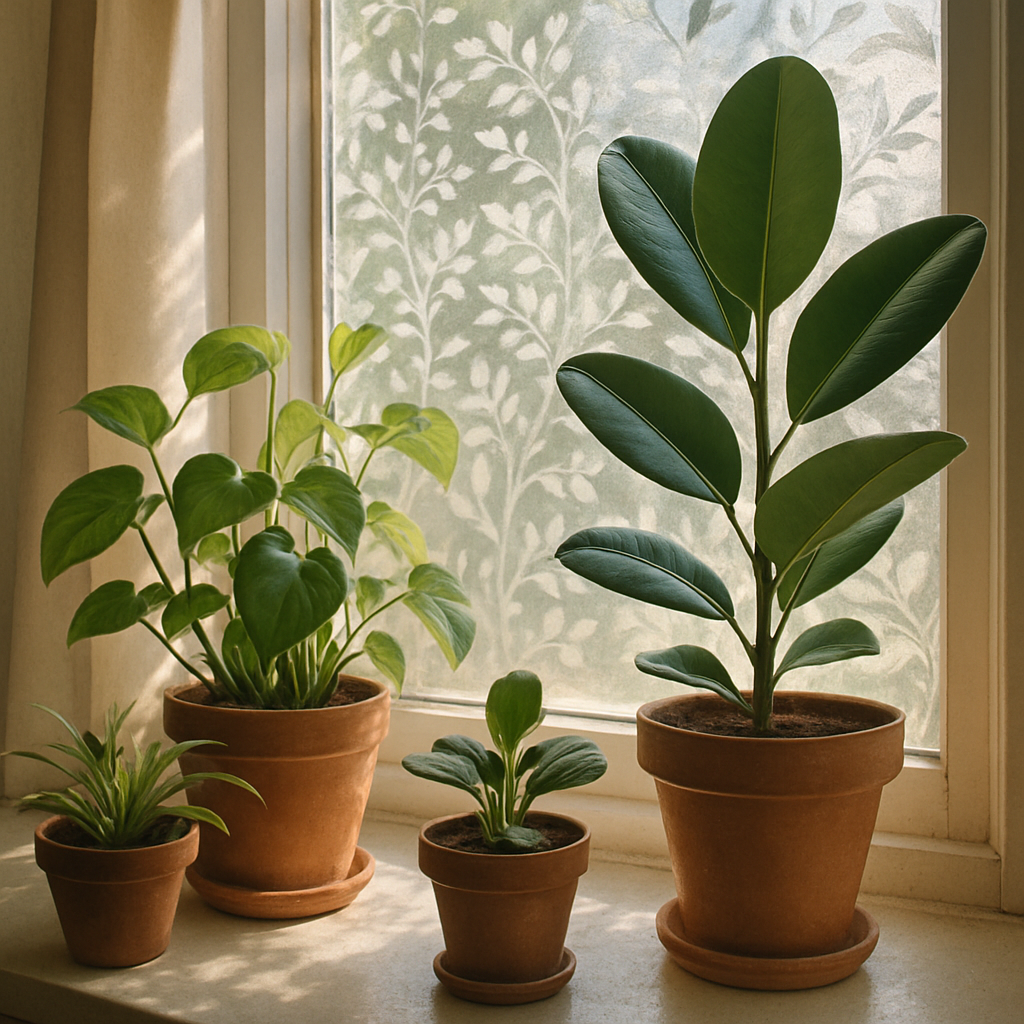 Houseplants near a sunlit window with window film