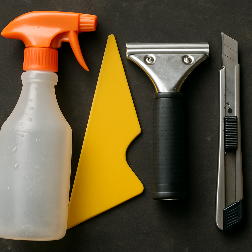 Close-up of window film installation tools