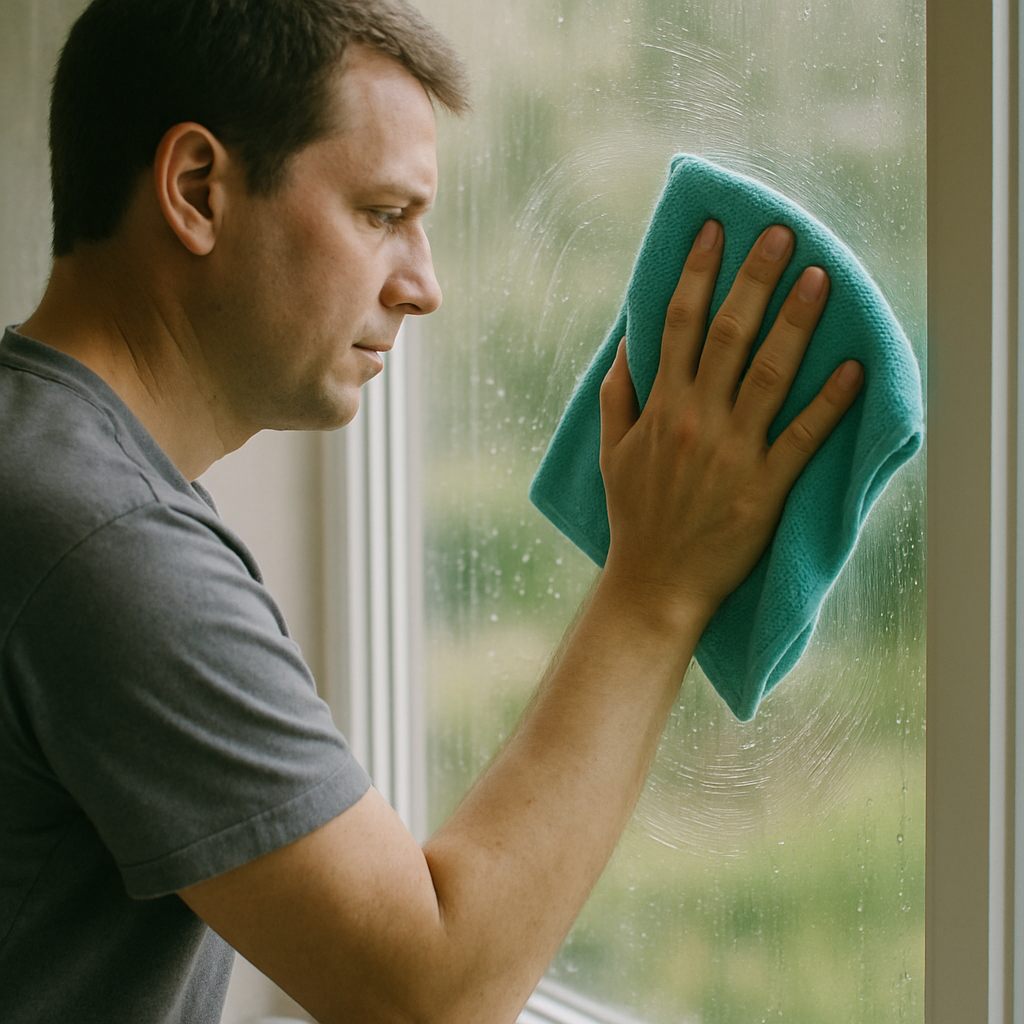 Person cleaning a window with a microfiber cloth