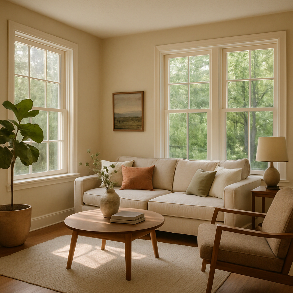 Relaxed living room with large windows