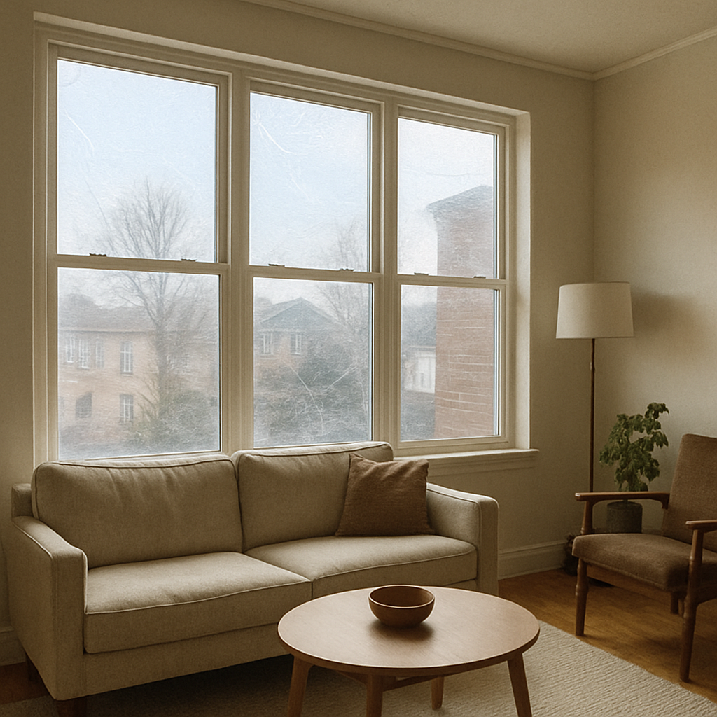 Living room with large windows and visible window films for insulation