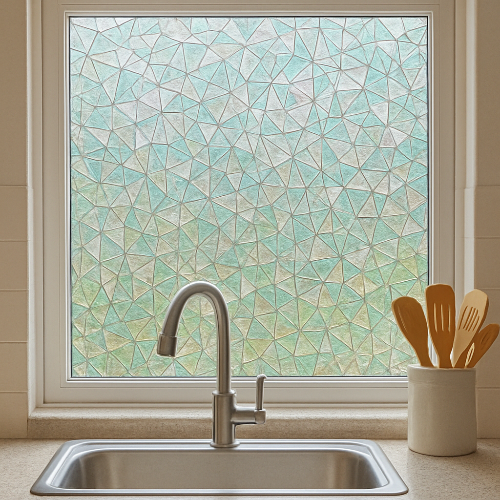 Decorative glass film on a kitchen window