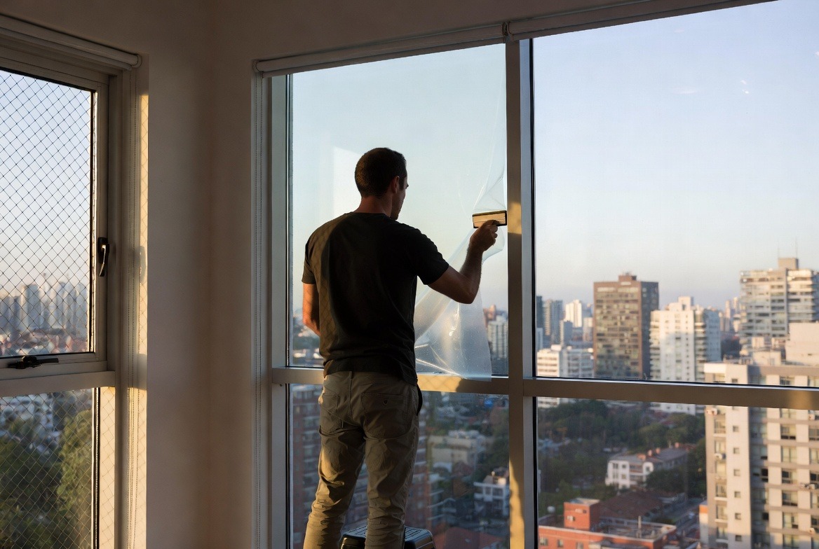 person-installing-window-film-on-glass